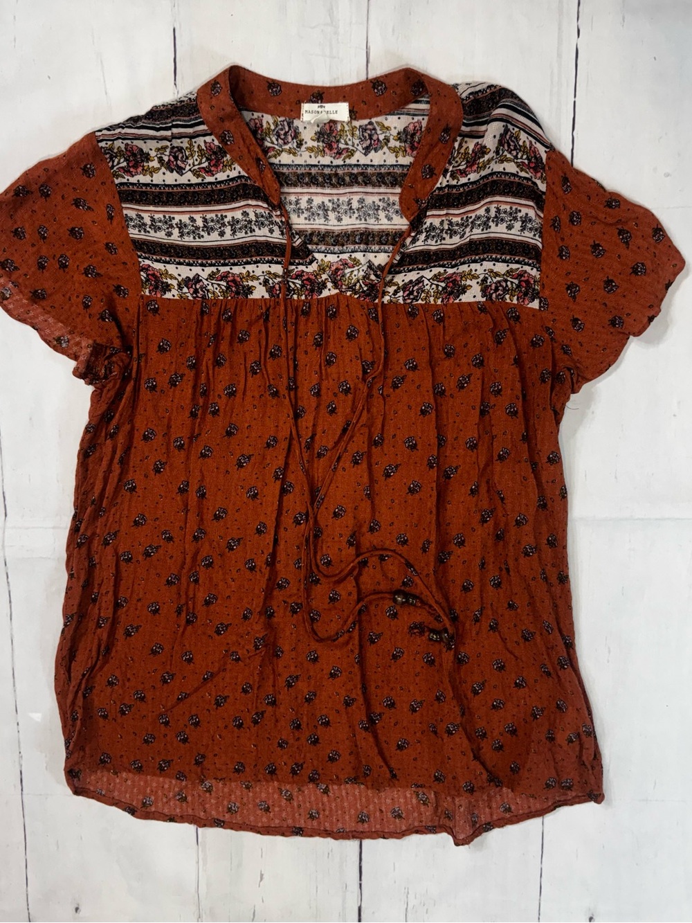 Women’s Boho Rust Floral Patchwork Tie-Front Blouse